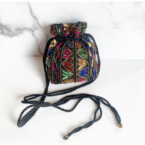 Vintage Malcolm Starr Double Drawstring Purse Bag Beaded Sequins Embellished DR1 - Picture 3 of 8